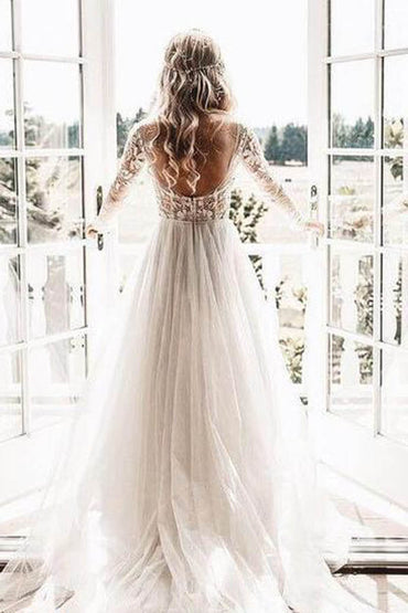 See Through Beaded Floral Lace Long Sleeve Boho Wedding Dresses,MW269 at musebridals.com
