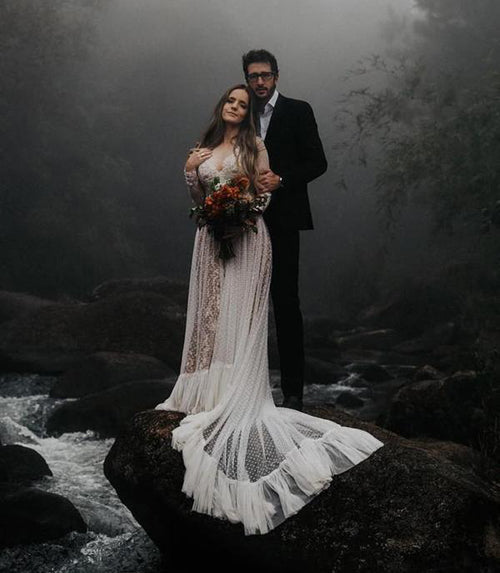 Roycebridal Lace Polka Dot Boho with Sleeves Bohemian Wedding Dress,MW274