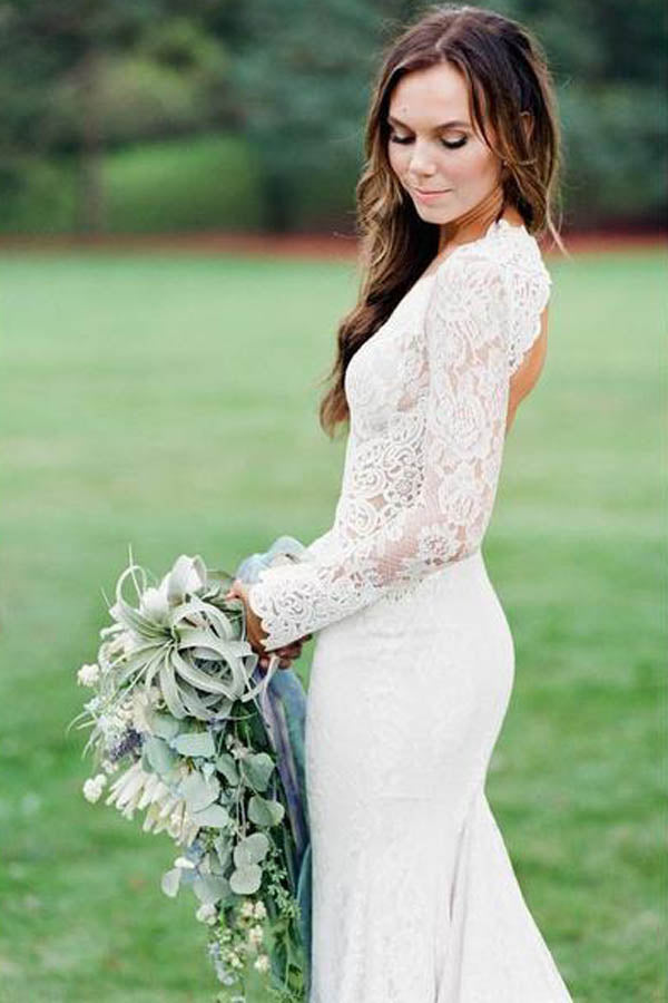 Roycebridal Mermaid Ivory Backless Long Sleeve Lace Wedding Dresses ,MW283