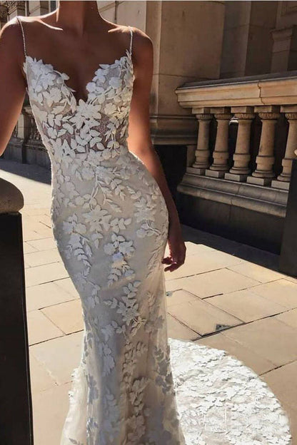 Roycebridal Spaghetti Strap Vintage Mermaid Lace Appliques Wedding Dress,MW288