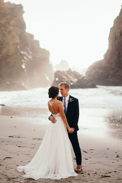 Roycebridal Spaghetti Strap Beaded Wedding Dress Ivory Chiffon Rustic Wedding Dress,MW328