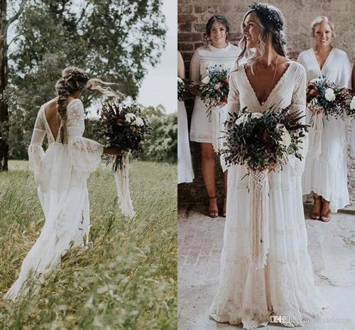Roycebridal A-line Long Sleeve Deep V-neck Lace Backless Wedding Dresses Long Bridal Dresses,MW343