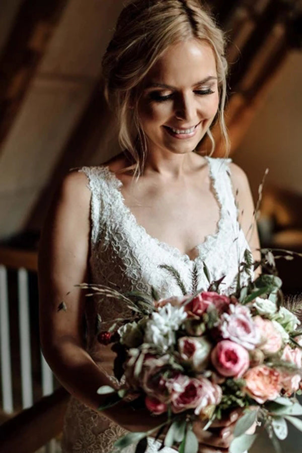 Roycebridal Graceful Lace Wedding Dress With Covered Buttons Mermaid Bridal Dress,MW383