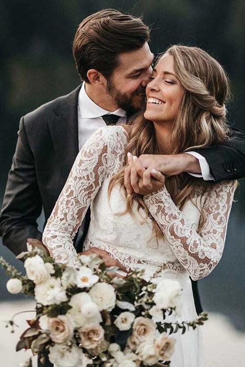 Roycebridal Two Piece Round Neck Lace White Chiffon Wedding Dress With Long Sleeves,MW392