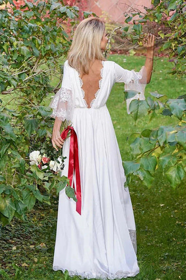 Satin A-line V-neck V Back 3/4 Sleeves Boho Wedding Dress with Lace,MW432 | musebridals.com