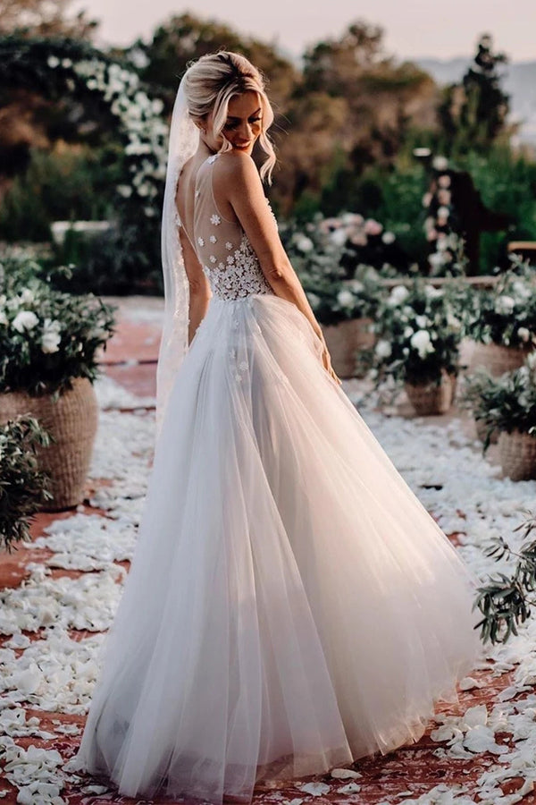 Roycebridal Marvelous Tulle V-neck A-line Wedding Dresses With Flowers Bridal Gowns,MW456