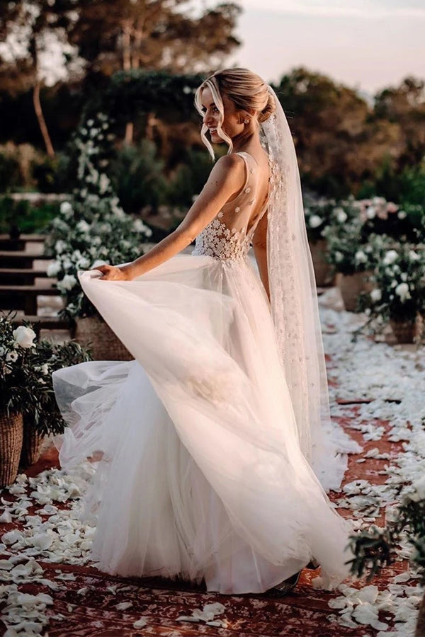 Roycebridal Marvelous Tulle V-neck A-line Wedding Dresses With Flowers Bridal Gowns,MW456