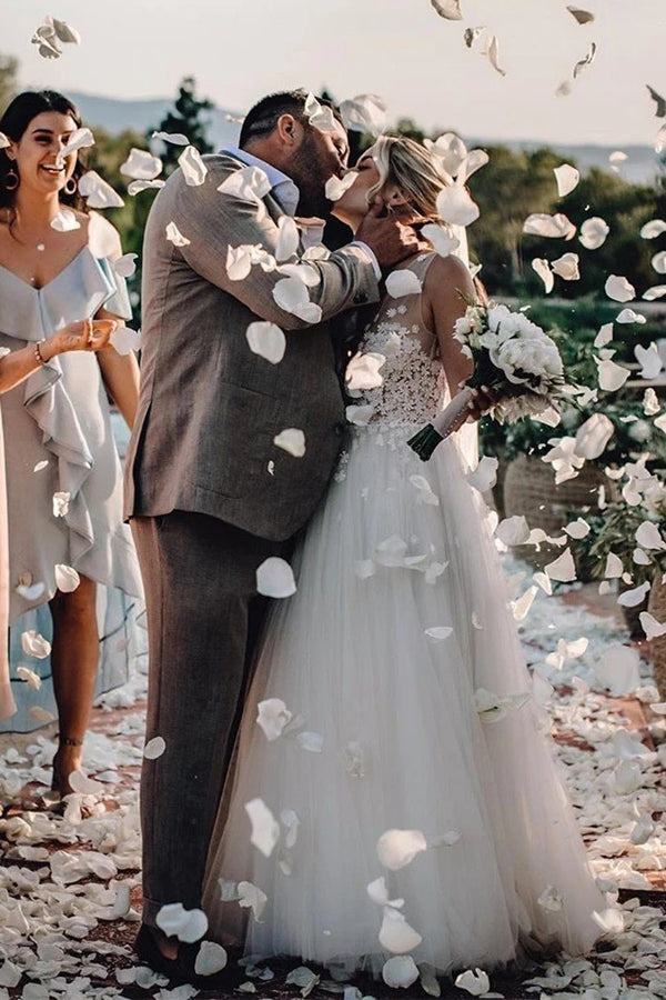 Roycebridal Marvelous Tulle V-neck A-line Wedding Dresses With Flowers Bridal Gowns,MW456