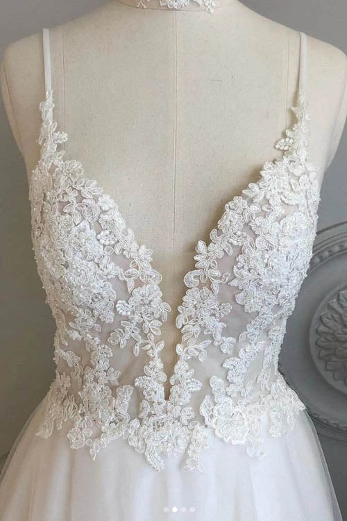 Roycebridal Simple Spaghetti Straps A-line Beach Wedding Dresses Lace Wedding Gowns,MW463