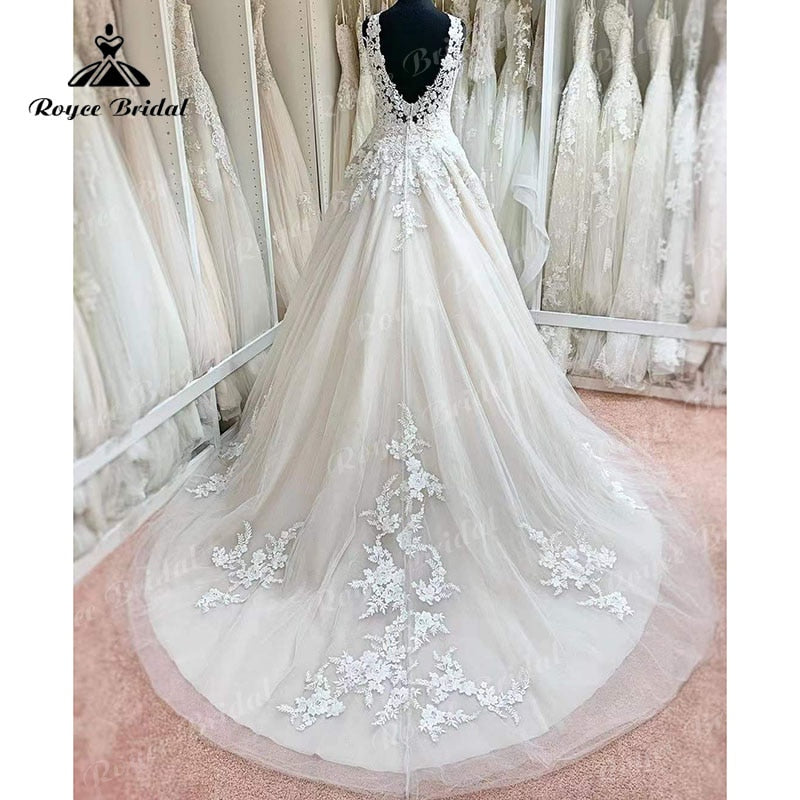 Mariage trajes de novias largos A Line Lace Aplliqued V Neck Wedding Dress Sleeveless Backless Bridal Gowns vestido de novia