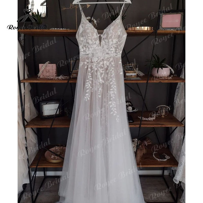 Modern Spaghetti Straps V Neck Lace Wedding Dress Appliques Boho 2023 A Line Beach Backless vestido bohemio boda Wedding Gowns