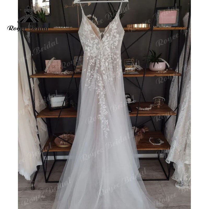 Modern Spaghetti Straps V Neck Lace Wedding Dress Appliques Boho 2023 A Line Beach Backless vestido bohemio boda Wedding Gowns