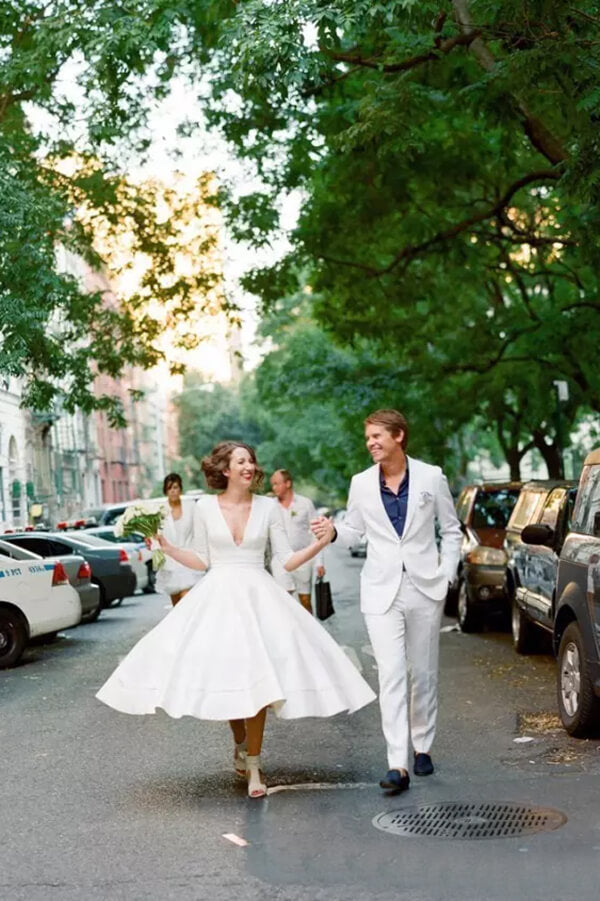 Modest A-line V-neck Half Sleeves Tea Length Taffeta Wedding Dresses, MW531 | ankle length wedding dresses | short sleeves wedding dress | wedding gown | bridal gowns | www.musebridals.com 
