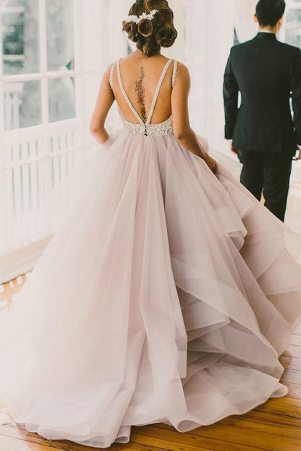 Modest Tulle A-line Scoop Sweep Train Wedding Dresses, Bridal Gowns, MW604 | a line lace wedding dresses | lace wedding dresses | bridal gowns | www.musebridals.com