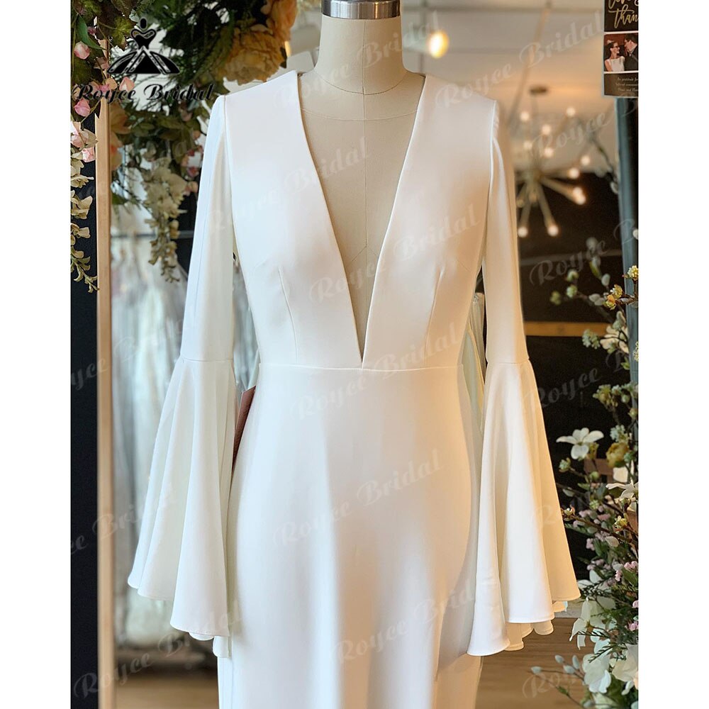 Noiva Vestido Plunging Soft Satin Long Sleeve Deep V Neck Backless Wedding Gown for Women Wedding Reception Dress for Bride 2023