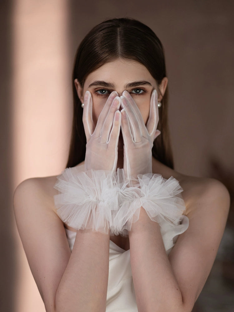 Roycebridal Tulle Short Pleated Lace Bridal Gloves