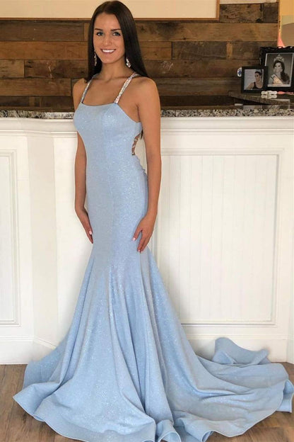 Roycebridal Light Blue Beaded Backless Trumpet Long Prom Dress