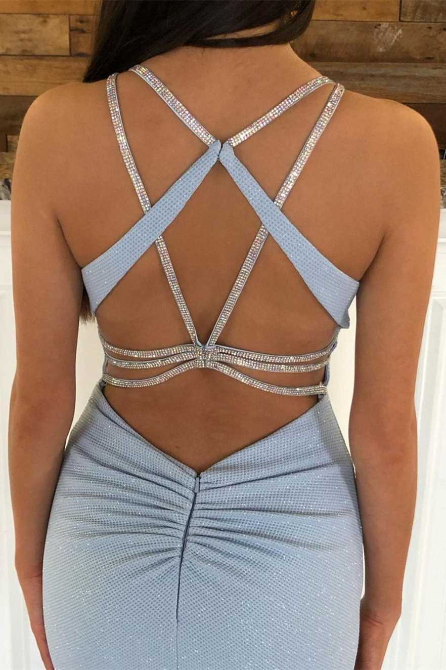 Roycebridal Light Blue Beaded Backless Trumpet Long Prom Dress