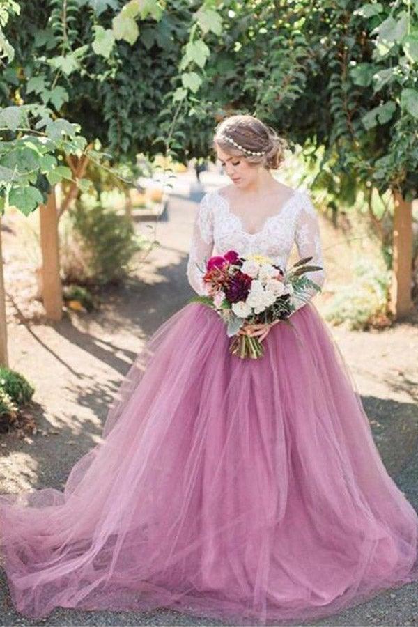 Pink Tulle A-line Long Sleeves Lace Top Vintage Wedding Dresses, MW919 | wedding gown | wedding dress stores | bridal style | musebridals.com