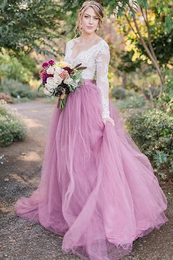 Pink Tulle A-line Long Sleeves Lace Top Vintage Wedding Dresses, MW919 | pink wedding dresses | lace wedding dress | cheap wedding dress | musebridals.com