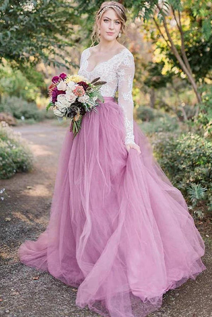 Pink Tulle A-line Long Sleeves Lace Top Vintage Wedding Dresses, MW919 | pink wedding dresses | lace wedding dress | cheap wedding dress | musebridals.com