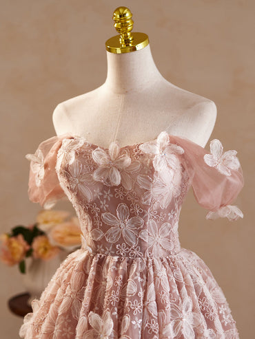 Pink Vintage Off the Shoulder Flower Appliques Homecoming Dress