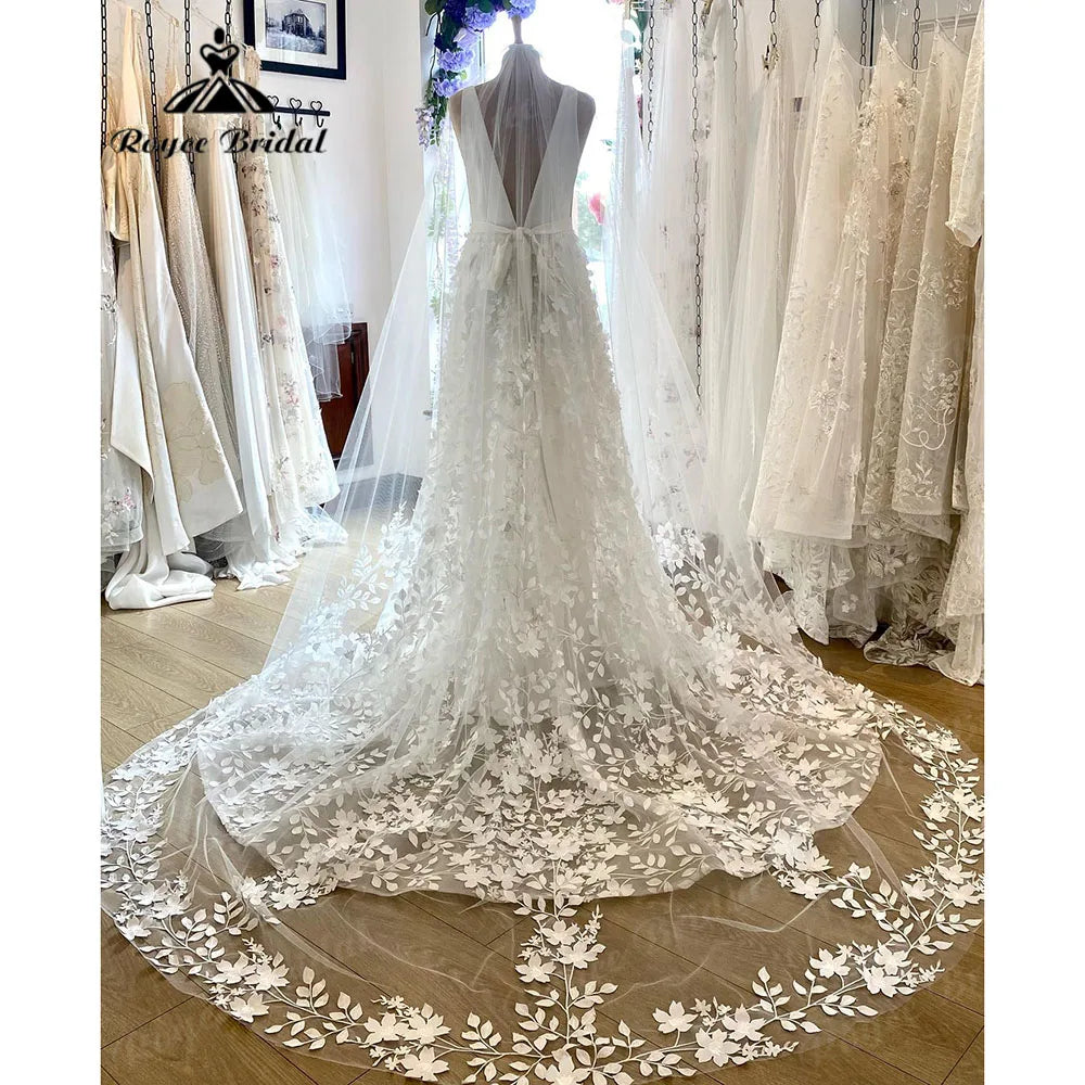 Plunging Lace Floral Deep V Neck Lace Boho Wedding Gown for Women 2024 Garden Wedding Dress for Bride Backless vestido de noiva