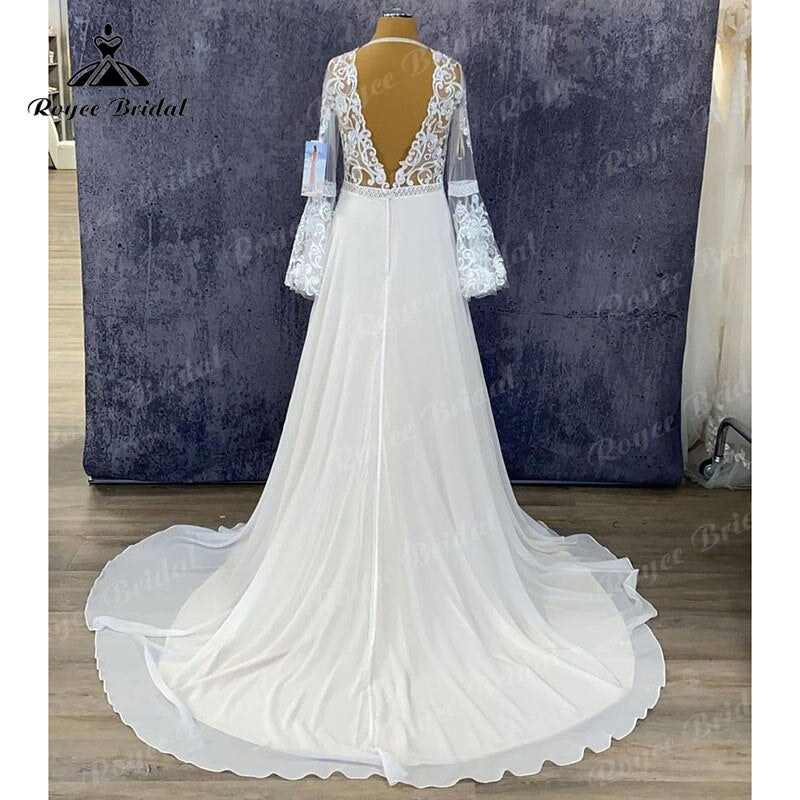 Plus Size Long Puff Sleeve Lace Chiffon A Line Wedding Dress Backless 2023 Elegant Bridal Gown vestidos de novia Sweep Train