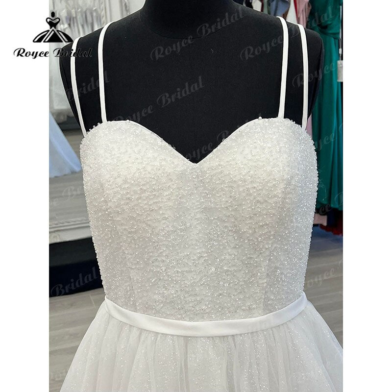 Princess A-Line Wedding Dress For Women Sexy Boho Sweetheart Spaghetti Straps Backless Lace Up Bridal Gowns Sweep Shiny vestidos
