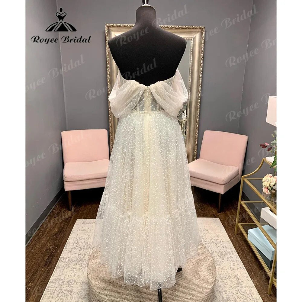 Princess Polka Dots Off Shoulder Short Wedding Dress with Short Cap Sleeve 2024 Wedding Bridal Receipt Party Gown Roycebridal