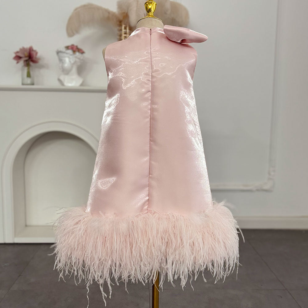 Roycebridal Luxury Mini Arabic Pink Flower Girl Dress Ostrich Feathers Bow Baby Kids Birthday Wedding Party Gown Pageant  J117