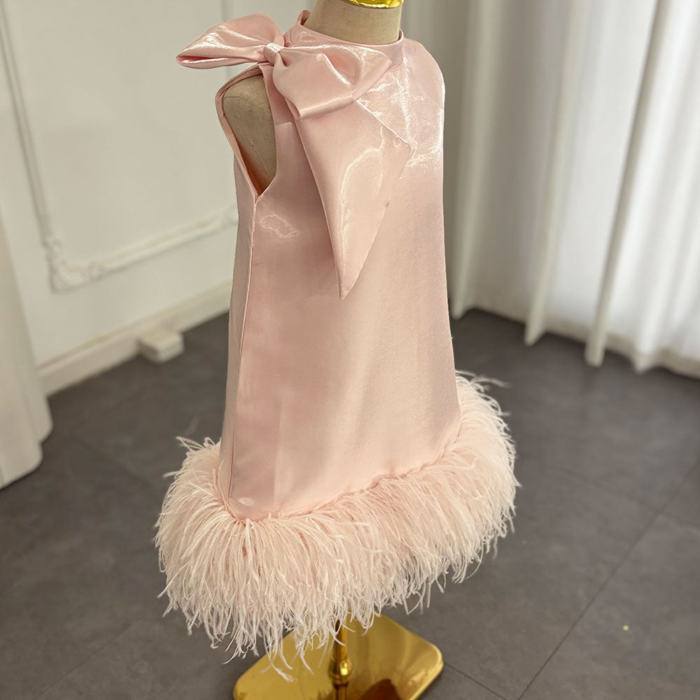 Roycebridal Luxury Mini Arabic Pink Flower Girl Dress Ostrich Feathers Bow Baby Kids Birthday Wedding Party Gown Pageant  J117