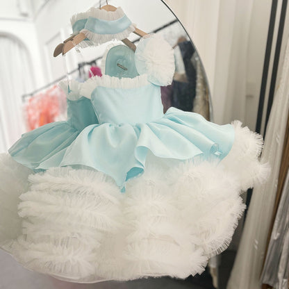 Roycebridal Luxury Sky Blue Arabric Girl Dress with Headgear Kids Princess Birthday Wedding Party Children Holiday Gown 2025 J194
