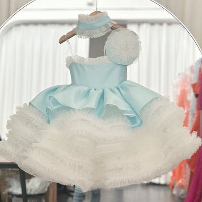 Roycebridal Luxury Sky Blue Arabric Girl Dress with Headgear Kids Princess Birthday Wedding Party Children Holiday Gown 2025 J194