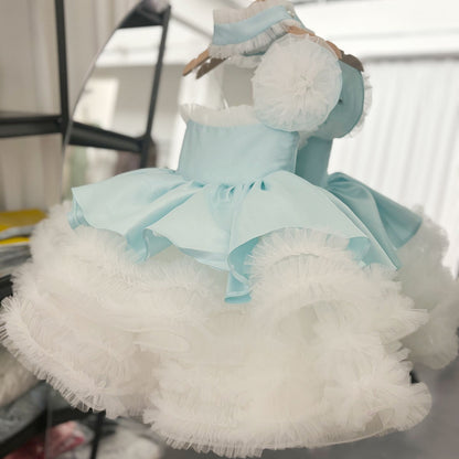 Roycebridal Luxury Sky Blue Arabric Girl Dress with Headgear Kids Princess Birthday Wedding Party Children Holiday Gown 2025 J194