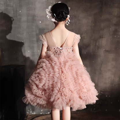 Roycebridal Luxury Pink Baby Flower Girl Dresses Arabic Pearls Princess Kids Ball Gown for Birthday Wedding Party Pageant J042