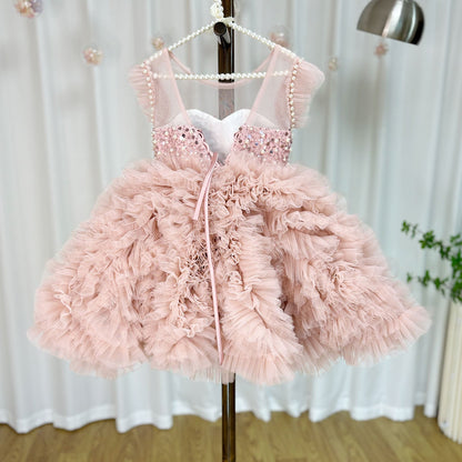 Roycebridal Luxury Pink Baby Flower Girl Dresses Arabic Pearls Princess Kids Ball Gown for Birthday Wedding Party Pageant J042