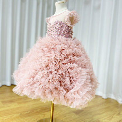 Roycebridal Luxury Pink Baby Flower Girl Dresses Arabic Pearls Princess Kids Ball Gown for Birthday Wedding Party Pageant J042