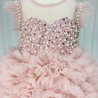 Roycebridal Luxury Pink Baby Flower Girl Dresses Arabic Pearls Princess Kids Ball Gown for Birthday Wedding Party Pageant J042