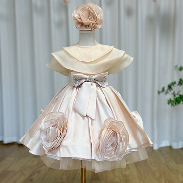 Roycebridal Elegant Beige Girl Dresses Handmade Flowers with Headgear for Kids Wedding Birthday Holiday Party Gown 2025 J104