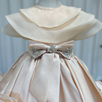 Roycebridal Elegant Beige Girl Dresses Handmade Flowers with Headgear for Kids Wedding Birthday Holiday Party Gown 2025 J104
