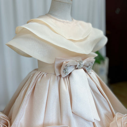 Roycebridal Elegant Beige Girl Dresses Handmade Flowers with Headgear for Kids Wedding Birthday Holiday Party Gown 2025 J104
