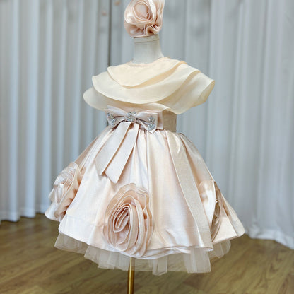 Roycebridal Elegant Beige Girl Dresses Handmade Flowers with Headgear for Kids Wedding Birthday Holiday Party Gown 2025 J104