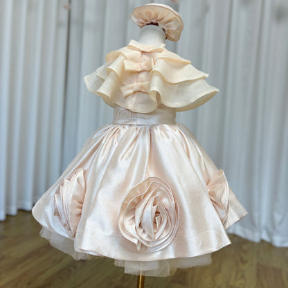 Roycebridal Elegant Beige Girl Dresses Handmade Flowers with Headgear for Kids Wedding Birthday Holiday Party Gown 2025 J104
