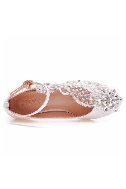 Roycebridal Round Toe Lace Rhinestones Ankle Strap Chunky Heel Wedding Shoes