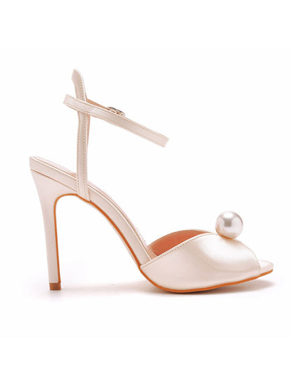 Satin Pearl Peep Toe Stiletto Ankle Strap Buckle Ultra High Heels