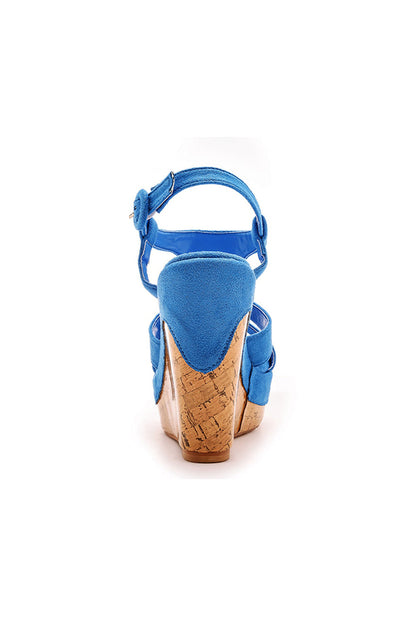 Suede Wood Grain Peep Toe Platform Wedges Sandals