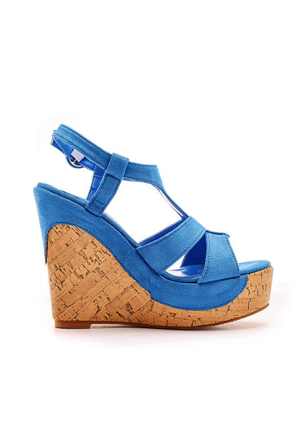 Suede Wood Grain Peep Toe Platform Wedges Sandals
