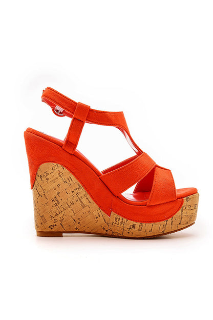 Suede Wood Grain Peep Toe Platform Wedges Sandals