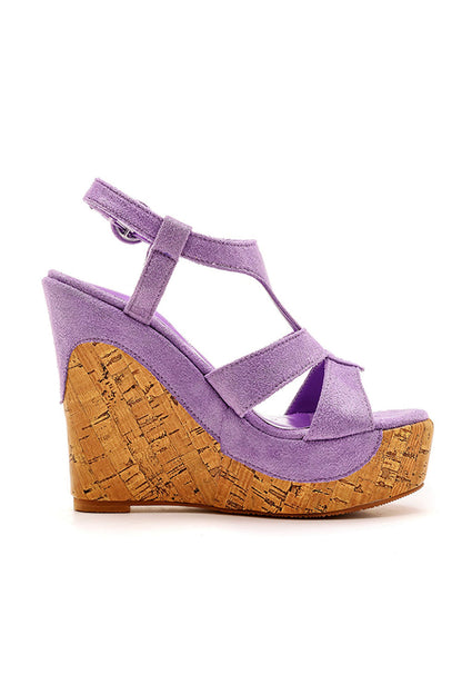 Suede Wood Grain Peep Toe Platform Wedges Sandals